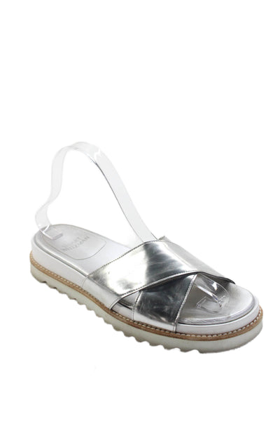 Stuart Weitzman Womens Metallic Crossed Strap Casual Slides Silver Size 7.5