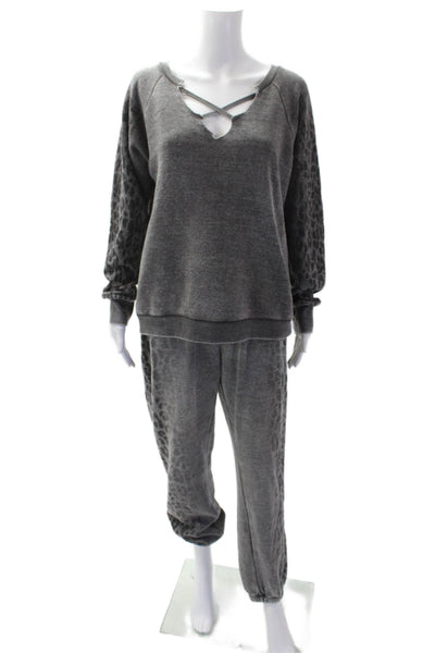Vintage Havana Womens Cotton Animal Print Sweatshirt & Pants Set Gray Size M/L