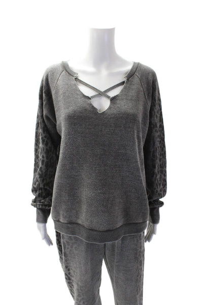Vintage Havana Womens Cotton Animal Print Sweatshirt & Pants Set Gray Size M/L