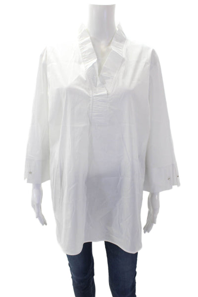 Ming Wang Womens Cotton Ruffled V-Neck Quarter Sleeve Tunic Top White Size L