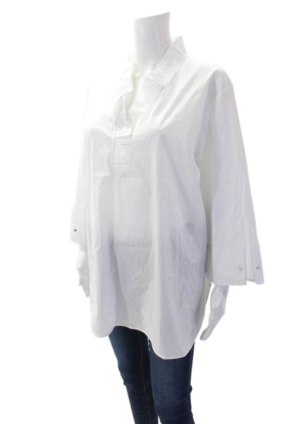 Ming Wang Womens Cotton Ruffled V-Neck Quarter Sleeve Tunic Top White Size L