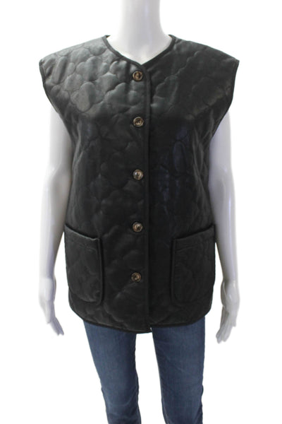 FRNCH Womens Embossed Textured Print Round Neck Button Up Vest Black O/S