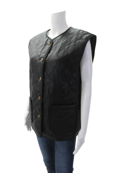 FRNCH Womens Embossed Textured Print Round Neck Button Up Vest Black O/S