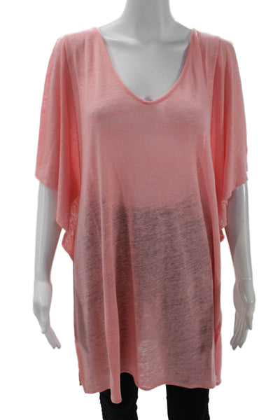 Calypso Saint Barth Womens Short Sleeve V Neck Side Slit Linen Shirt Pink Medium