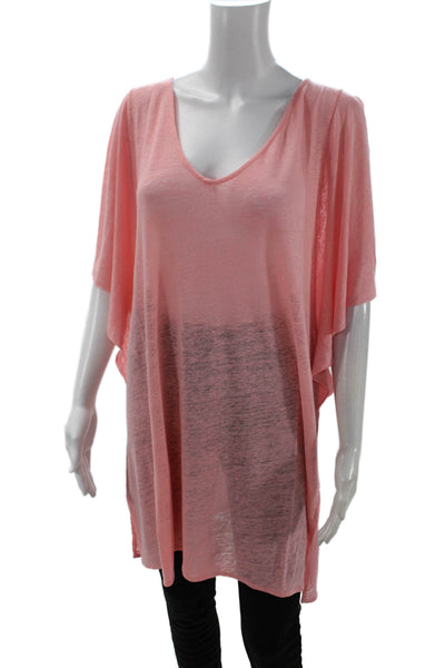Calypso Saint Barth Womens Short Sleeve V Neck Side Slit Linen Shirt Pink Medium