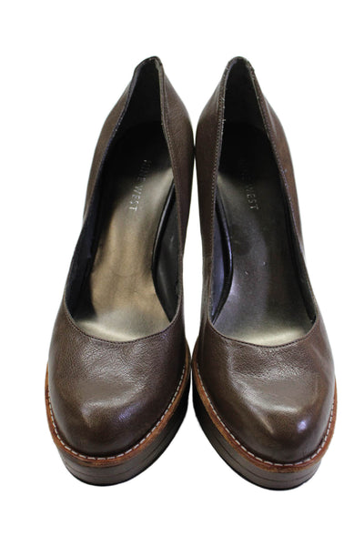 Nine West Womens Leather Platform Block Heel Pumps Brown Size 8.5