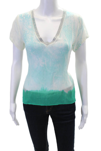 The Refinery Womens Sheer Ombre Print V-neck Tee Top Mint Blue Size XS