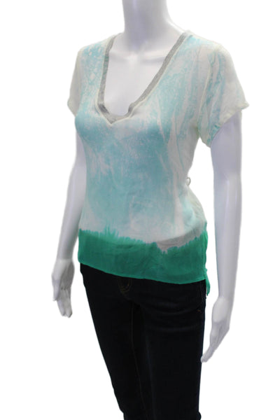 The Refinery Womens Sheer Ombre Print V-neck Tee Top Mint Blue Size XS