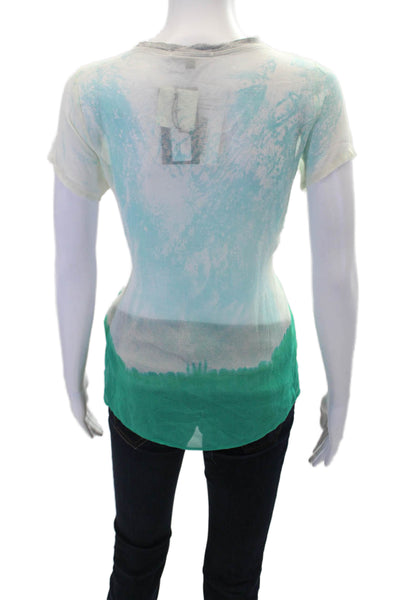 The Refinery Womens Sheer Ombre Print V-neck Tee Top Mint Blue Size XS