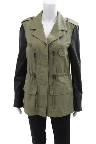 Zara Womens Button Front Collared Faux Leather Sleeve Jacket Green Black Large