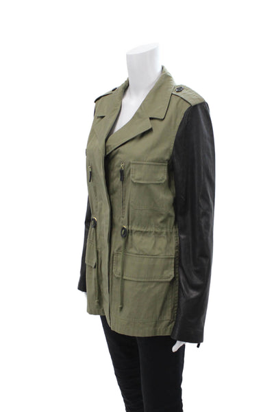 Zara Womens Button Front Collared Faux Leather Sleeve Jacket Green Black Large