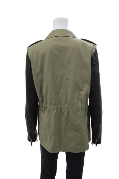 Zara Womens Button Front Collared Faux Leather Sleeve Jacket Green Black Large