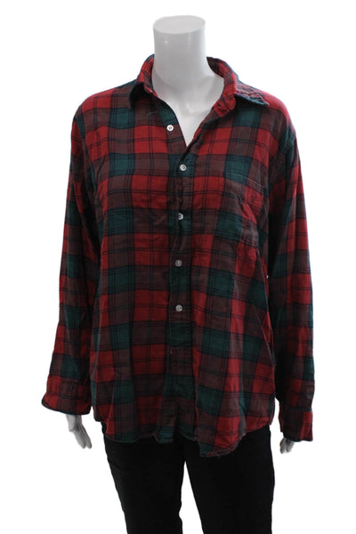LL Bean Womens Cotton Plaid Long Sleeve Button Up Blouse Top Red Size S