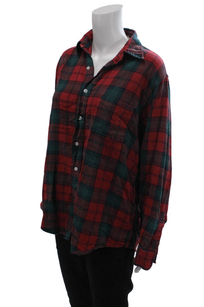 LL Bean Womens Cotton Plaid Long Sleeve Button Up Blouse Top Red Size S