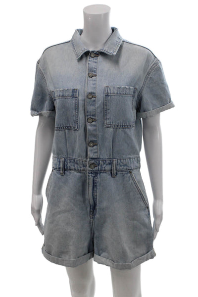 Hidden Womens Cotton Collared Short Sleeve Button Up Romper Blue Size M