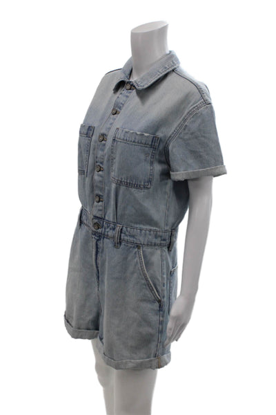 Hidden Womens Cotton Collared Short Sleeve Button Up Romper Blue Size M
