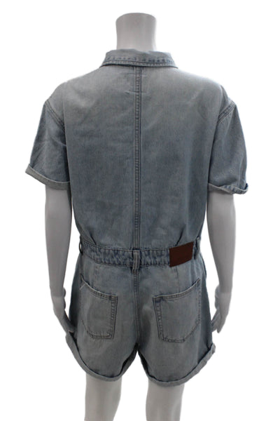 Hidden Womens Cotton Collared Short Sleeve Button Up Romper Blue Size M