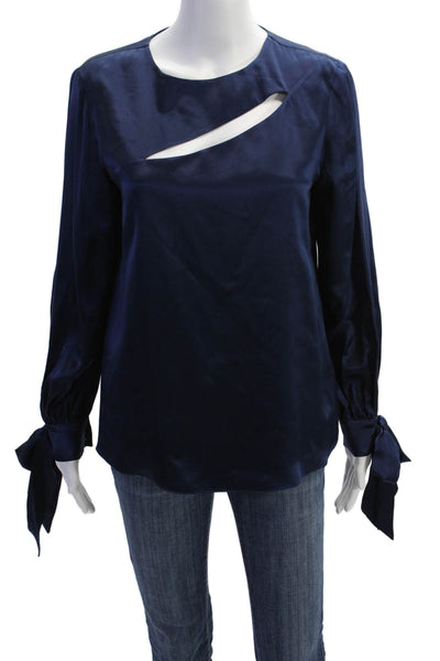 Parker Womens Silk Cutout Detail Tied Cuff Long Sleeve Blouse Blue Size S