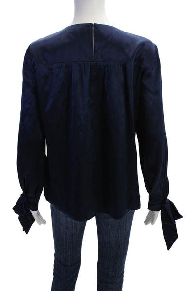 Parker Womens Silk Cutout Detail Tied Cuff Long Sleeve Blouse Blue Size S