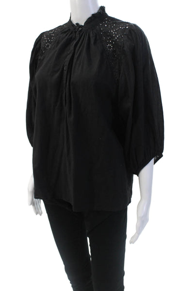 Apiece Apart Womens Cotton Long Sleeve V-neck Blouse Black Size 2