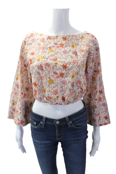 J Crew Womens Cotton Floral Print Long Sleeve Crop Top Orange Size XS