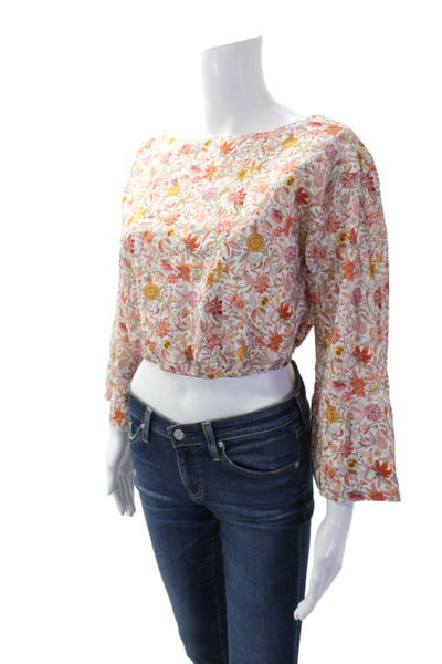 J Crew Womens Cotton Floral Print Long Sleeve Crop Top Orange Size XS
