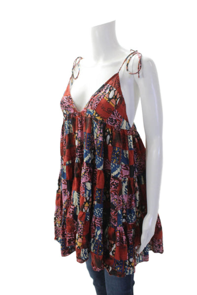 Intimately Free People Womens Cotton Patchwork Tie Strap Blouse Red Size S