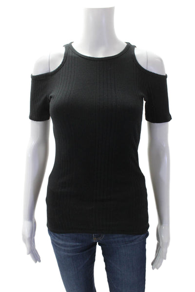 Frame Womens Ribbed Knit Cold Shoulder Short Sleeve Blouse Top Black Size S