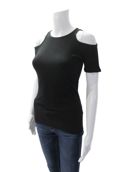 Frame Womens Ribbed Knit Cold Shoulder Short Sleeve Blouse Top Black Size S