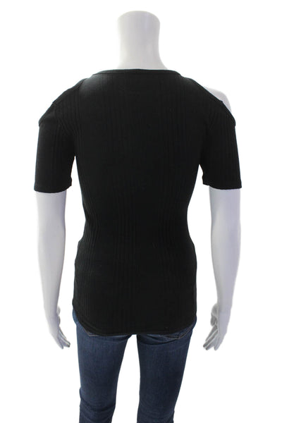 Frame Womens Ribbed Knit Cold Shoulder Short Sleeve Blouse Top Black Size S
