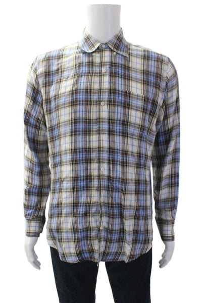 Vince Mens Linen Plaid Collar Long Sleeve Button Down Shirt Brown Blue Size M