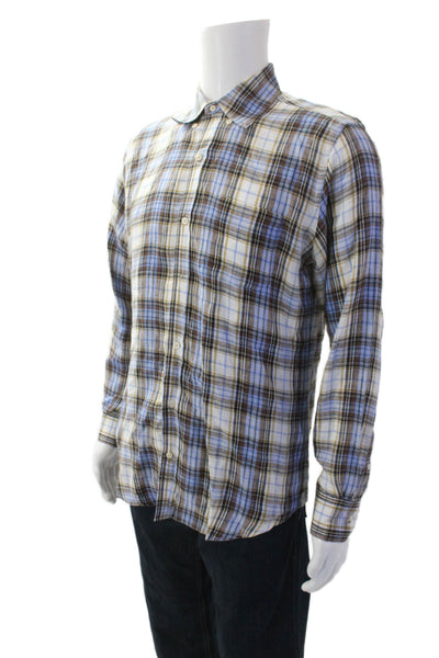 Vince Mens Linen Plaid Collar Long Sleeve Button Down Shirt Brown Blue Size M
