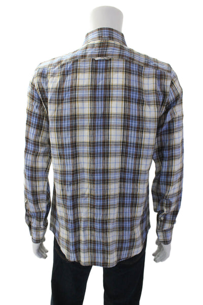 Vince Mens Linen Plaid Collar Long Sleeve Button Down Shirt Brown Blue Size M
