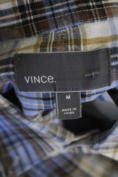 Vince Mens Linen Plaid Collar Long Sleeve Button Down Shirt Brown Blue Size M