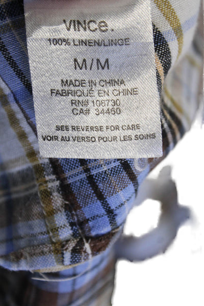 Vince Mens Linen Plaid Collar Long Sleeve Button Down Shirt Brown Blue Size M