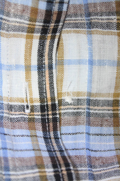 Vince Mens Linen Plaid Collar Long Sleeve Button Down Shirt Brown Blue Size M