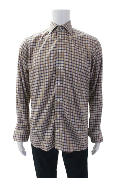 Eton Mens Cotton Plaid Collar Long Sleeve Button Down Dress Shirt Brown Sz 15.5