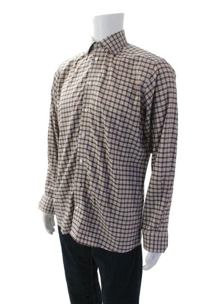 Eton Mens Cotton Plaid Collar Long Sleeve Button Down Dress Shirt Brown Sz 15.5