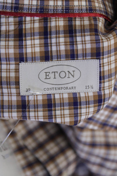 Eton Mens Cotton Plaid Collar Long Sleeve Button Down Dress Shirt Brown Sz 15.5