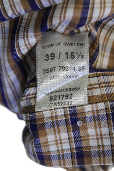Eton Mens Cotton Plaid Collar Long Sleeve Button Down Dress Shirt Brown Sz 15.5