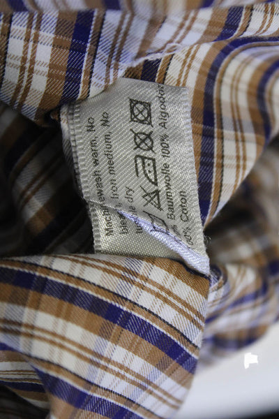 Eton Mens Cotton Plaid Collar Long Sleeve Button Down Dress Shirt Brown Sz 15.5