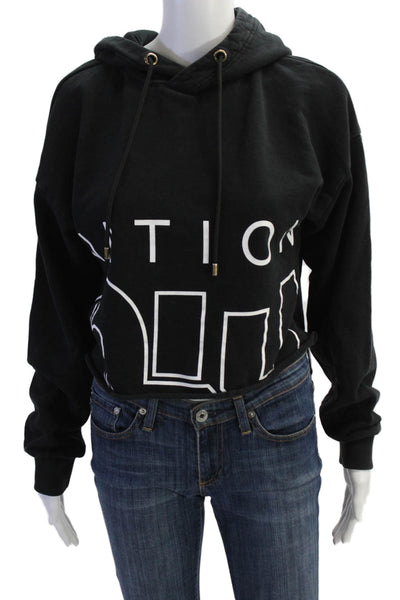 PE Nation Womens Graphic Print Long Sleeve Crop Hoodie Black Size S