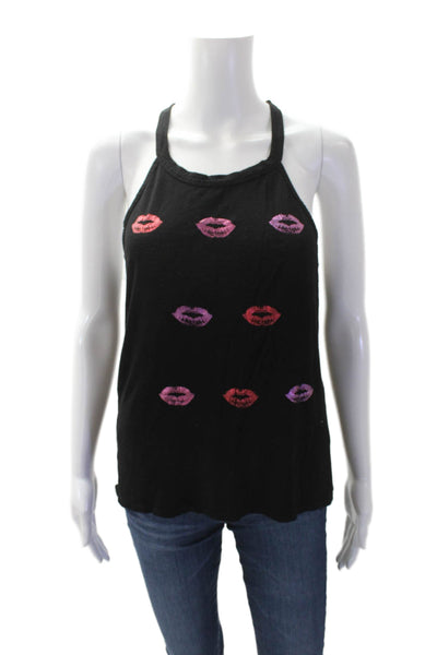 Betsey Johnson Womens Lips Print Lace Back Sleeveless Tank Top Black Size M