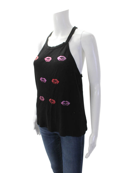 Betsey Johnson Womens Lips Print Lace Back Sleeveless Tank Top Black Size M