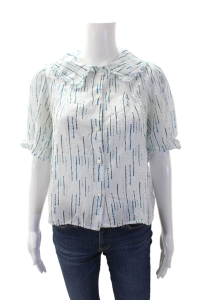 Bellerose Womens Cotton Printed Ruffle Buttoned Blouse Top White Blue Size 0