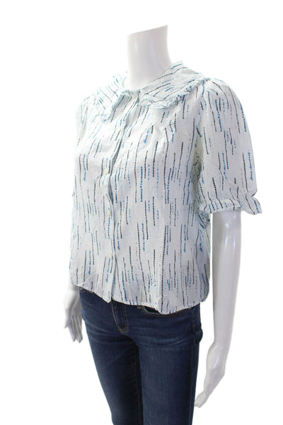 Bellerose Womens Cotton Printed Ruffle Buttoned Blouse Top White Blue Size 0