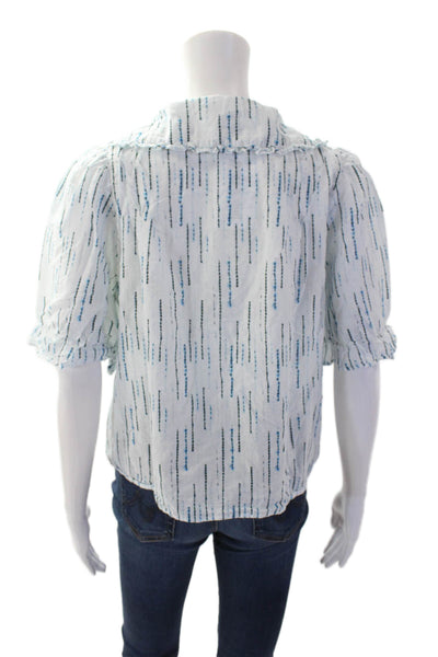 Bellerose Womens Cotton Printed Ruffle Buttoned Blouse Top White Blue Size 0