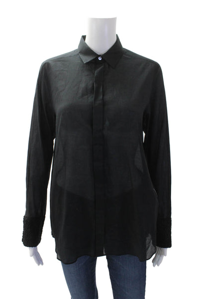 AR Womens Button Front Side Zip Collared Long Sleeve Shirt Black Size 4
