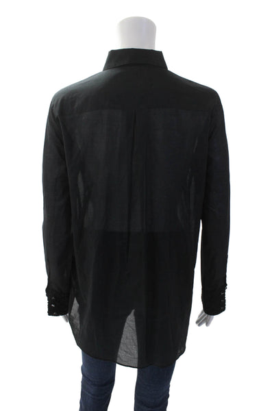 AR Womens Button Front Side Zip Collared Long Sleeve Shirt Black Size 4