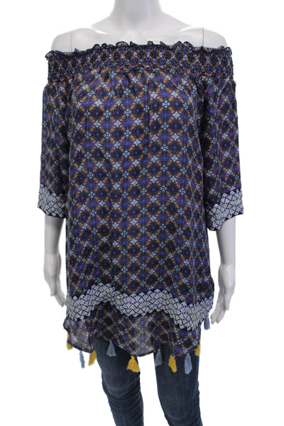 Bindya Womens Silk Ruched Short Sleeve Tunic Blouse Top Blue Size S